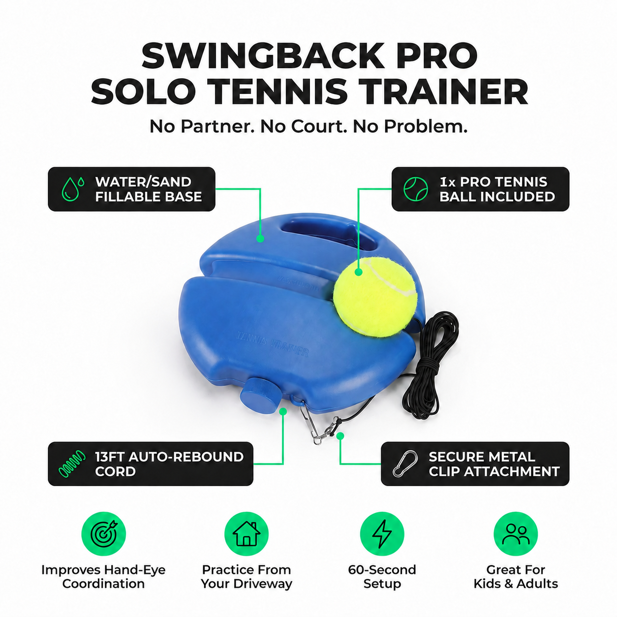 SwingBack Pro Solo Tennis Trainer — Rebound Ball Set & Weighted Base